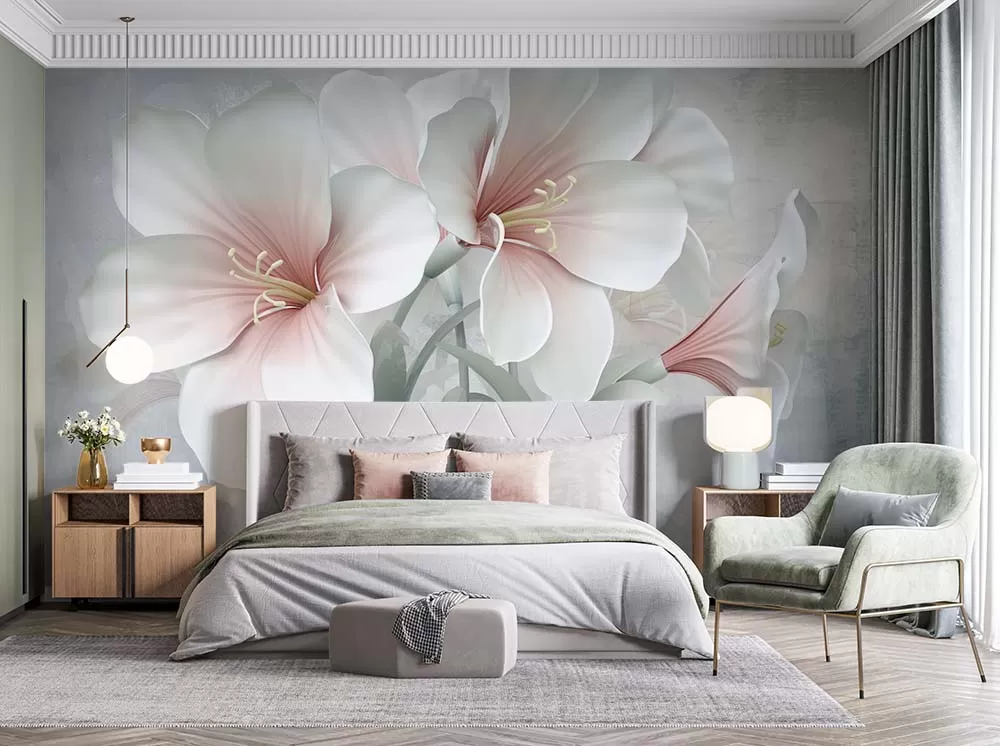 3D Boyutlu Beyaz Pembe Büyük Çiçekler Duvar Kağıdı