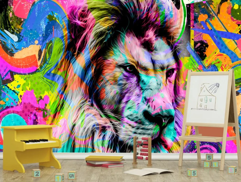 3D Renkli Aslan Başı Grafiti Duvar Kağıdı