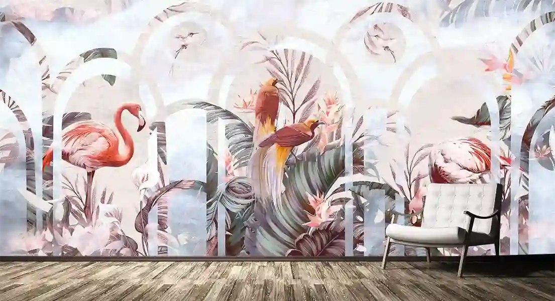 Geometrik Desen Arka Plan Flamingolar Duvar Kağıdı 