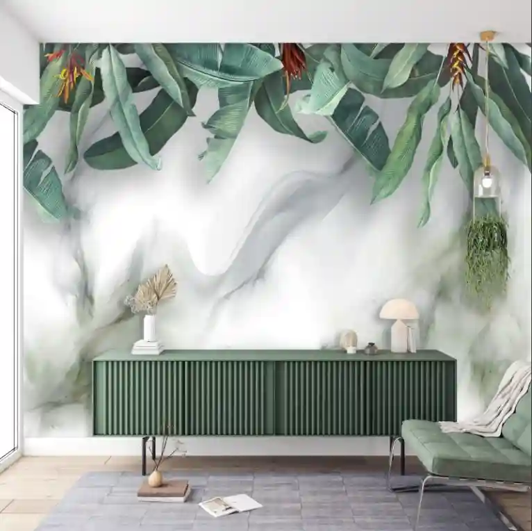 Mermer Desen Tropikal Yapraklar Duvar Kağıdı 