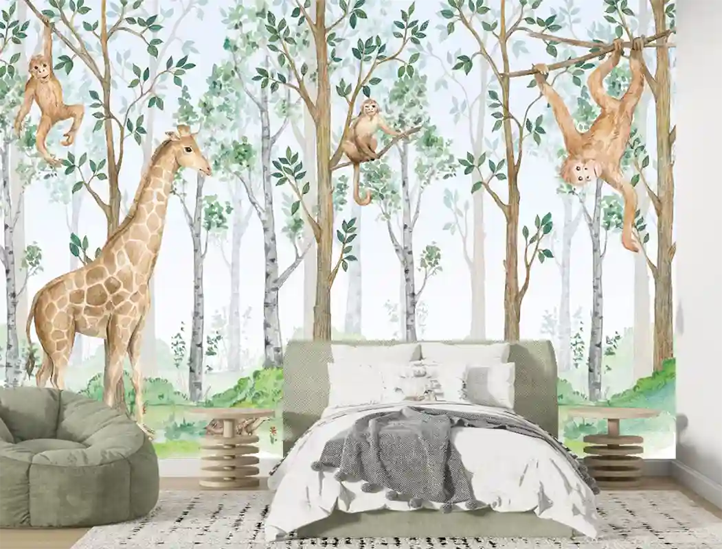 Ormanda Oynayan Sevimli Zürafa ve Maymunlar Çocuk Odası Duvar Kağıdı 