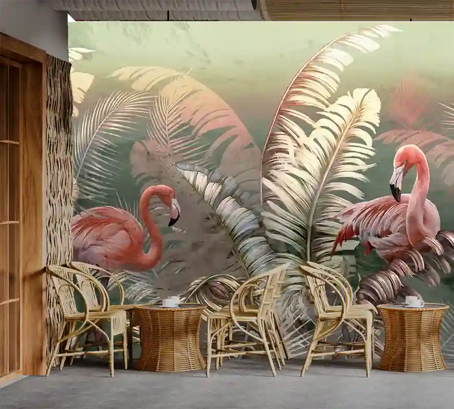 Renkli Flamingo Tropikal Yapraklar Duvar Kağıdı 6