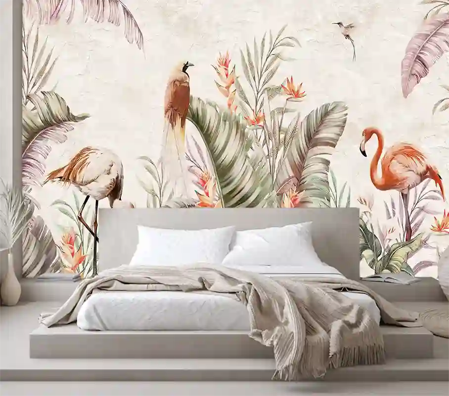 Renkli Kuşlu Flamingo Tropikal Yapraklar Duvar Kağıdı 2