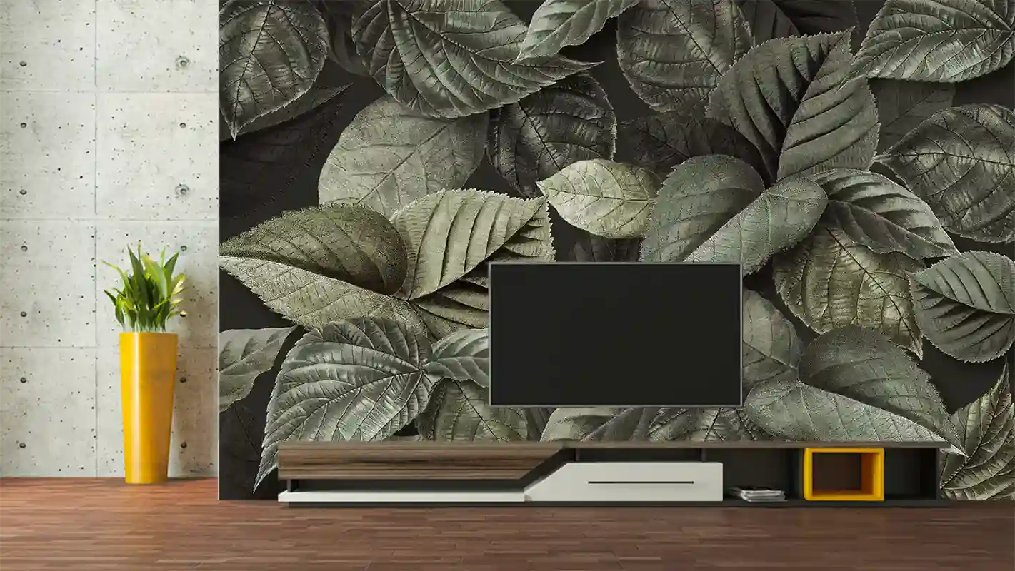 Tropik yapraklar soft yeşil tasarım tv arkası duvar kağıdı