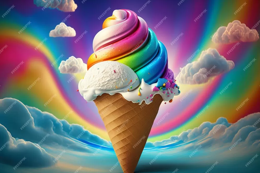 Üstünde gökkuşağı renkleri olan renkli bir dondurma külahı cafe duvar kağıdı