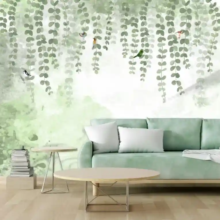 Yeşil Sarmaşık Yapraklar Kuşlu Duvar Kağıdı 