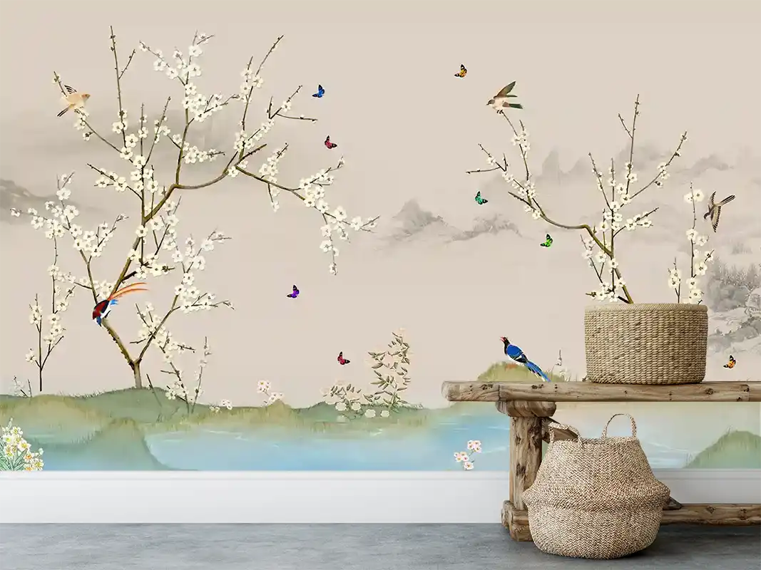 Kelebekli Ağaç Dallarında Kuş Çiçekli Duvar Kağıdı 
