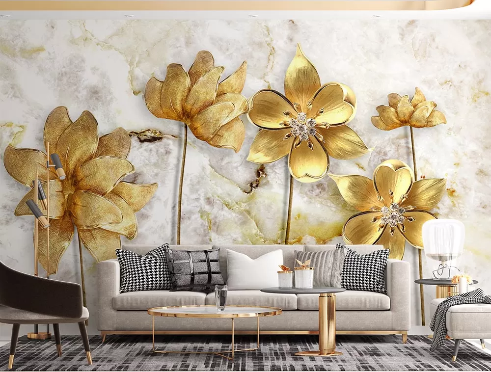 Mermer Zemin Gold Çiçekler 3D Duvar Kağıdı