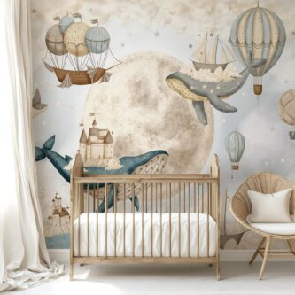 Balinalar ve Sıcak Hava Balonu Okyanus Gökyüzü Çocuk Odası Duvar Kağıdı