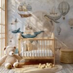 Balinalar ve Sıcak Hava Balonu Okyanus Gökyüzü Çocuk Odası Duvar Kağıdı