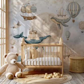 Balinalar ve Sıcak Hava Balonu Okyanus Gökyüzü Çocuk Odası Duvar Kağıdı