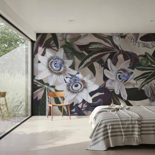 Beyaz Passiflora Bej Mavi Duvar Kağıdı