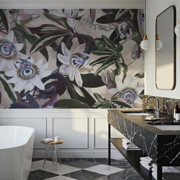 Beyaz Passiflora Bej Mavi Duvar Kağıdı