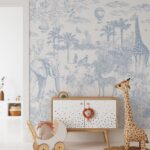Çiçekli Safari Bebek Mavisi Orman Temalı Çocuk Odası Duvar Kağıdı