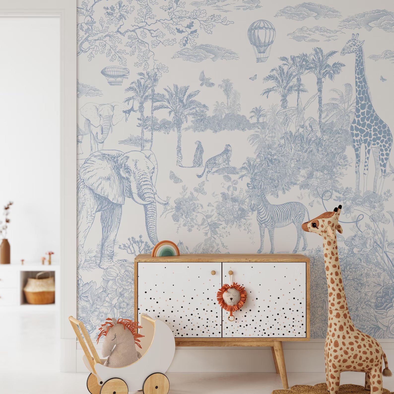 Çiçekli Safari Bebek Mavisi Orman Temalı Çocuk Odası Duvar Kağıdı