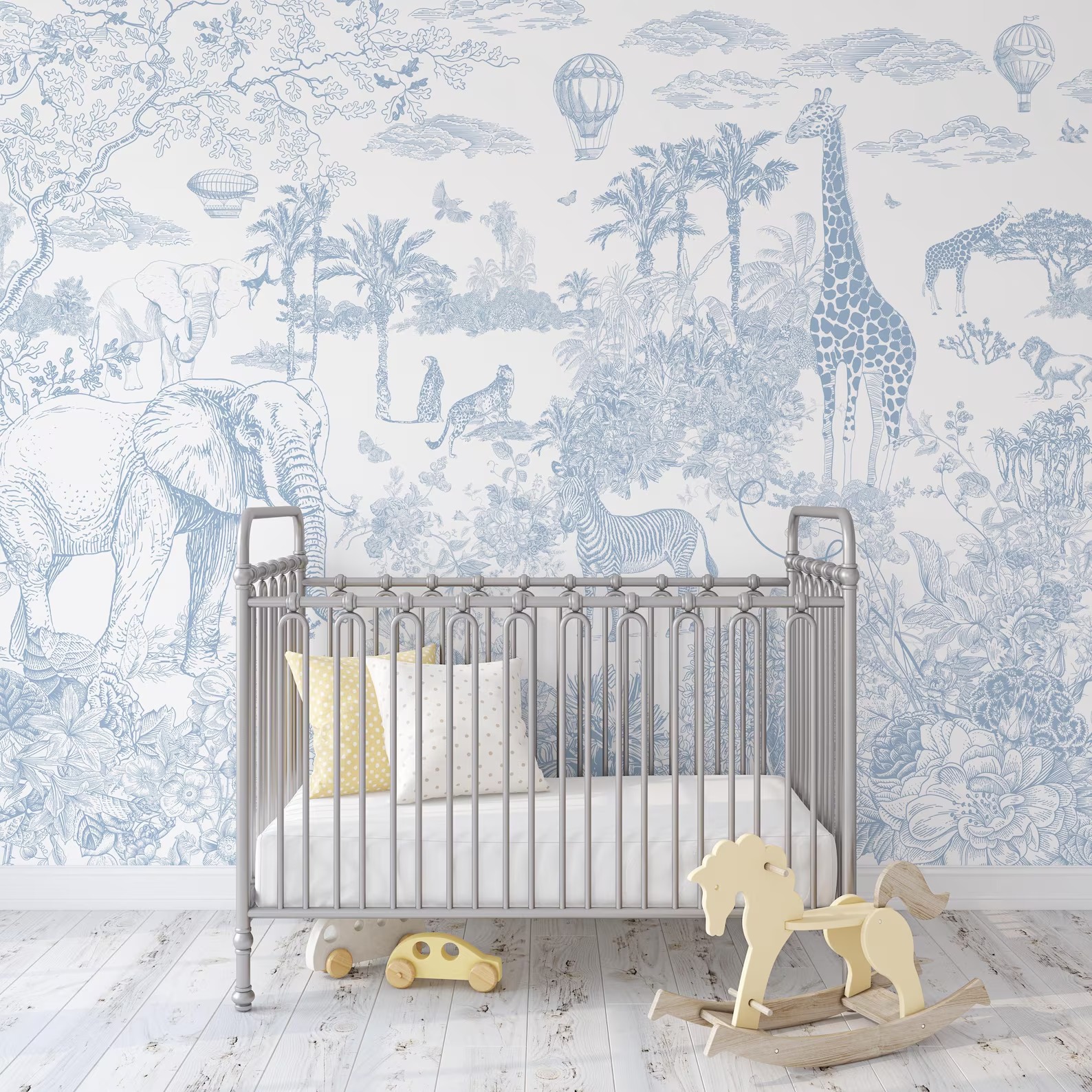 Çiçekli Safari Bebek Mavisi Orman Temalı Çocuk Odası Duvar Kağıdı