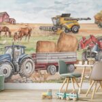 Çiftlik Temalı Traktör Biçerdöver ve Hayvanlar Çocuk Odası Duvar Kağıdı