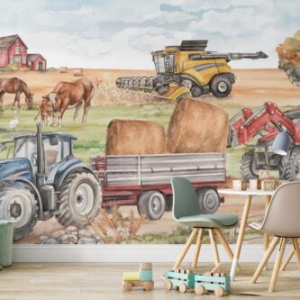 Çiftlik Temalı Traktör Biçerdöver ve Hayvanlar Çocuk Odası Duvar Kağıdı