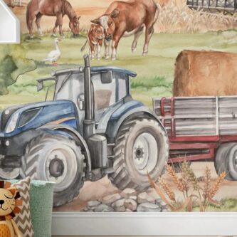 Çiftlik Temalı Traktör Biçerdöver ve Hayvanlar Çocuk Odası Duvar Kağıdı