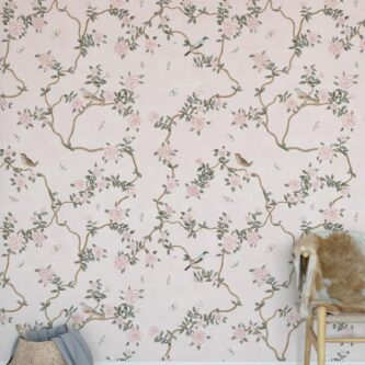 Çin Tarzı Pembe Çiçekler ve Kuşlar Duvar Kağıdı