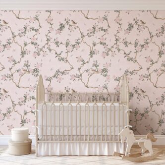 Çin Tarzı Pembe Çiçekler ve Kuşlar Duvar Kağıdı