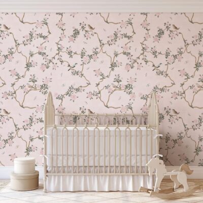 Çin Tarzı Pembe Çiçekler ve Kuşlar Duvar Kağıdı