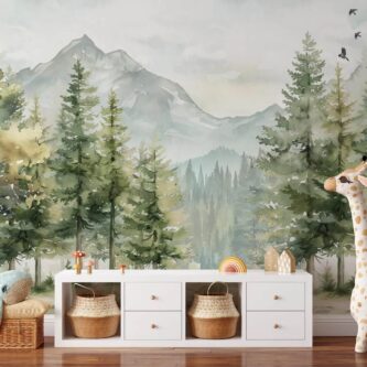 Dağ ve Orman Temalı Manzara Çam Ağacı Çocuk Odası Duvar Kağıdı