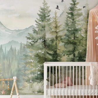 Dağ ve Orman Temalı Manzara Çam Ağacı Çocuk Odası Duvar Kağıdı