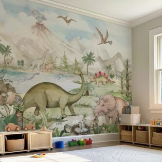 Dinozor Temalı Yanardağ Çocuk Odası Duvar Kağıdı