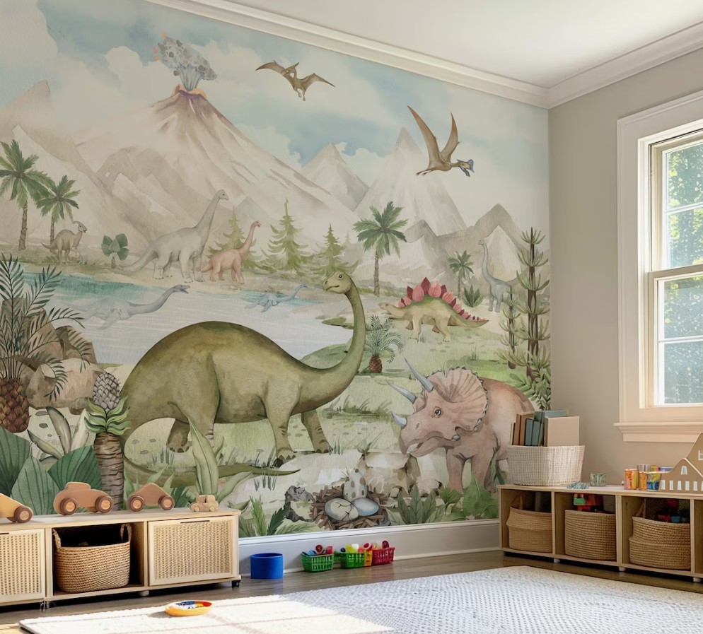 Dinozor Temalı Yanardağ Çocuk Odası Duvar Kağıdı