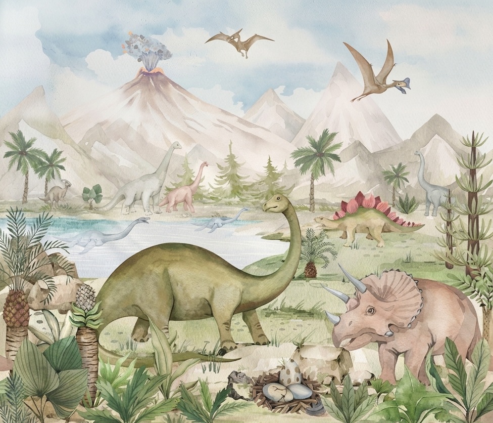 Dinozor Temalı Yanardağ Çocuk Odası Duvar Kağıdı