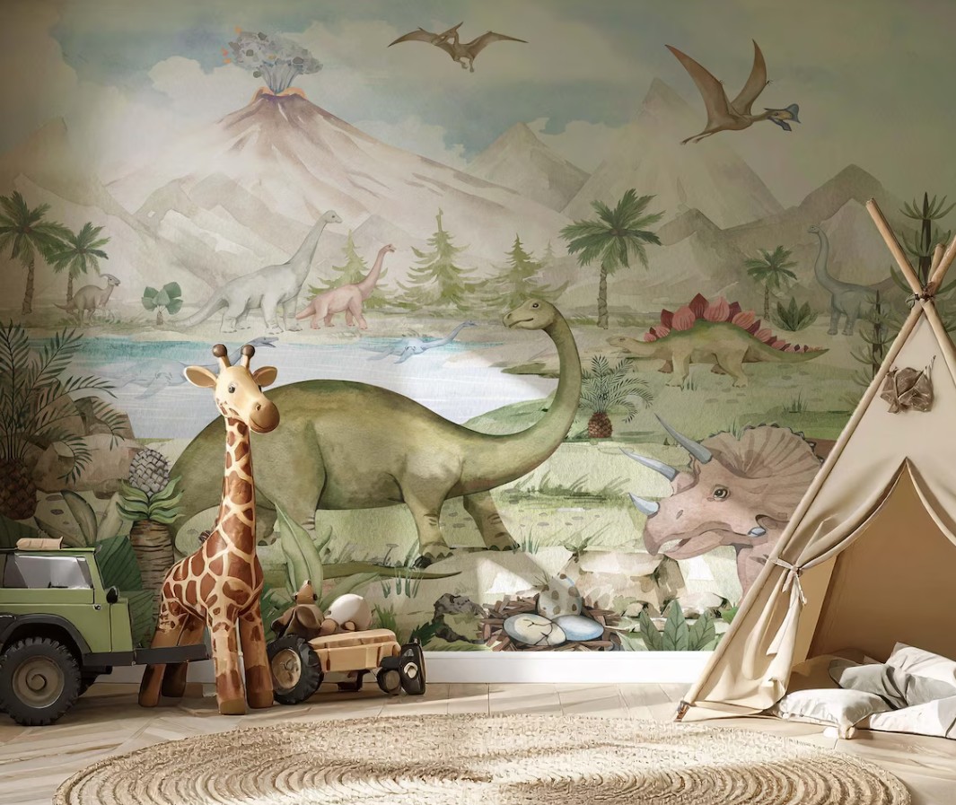 Dinozor Temalı Yanardağ Çocuk Odası Duvar Kağıdı