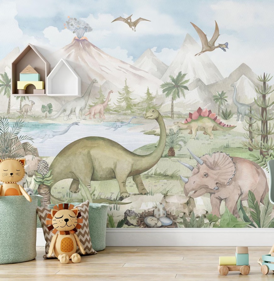 Dinozor Temalı Yanardağ Çocuk Odası Duvar Kağıdı