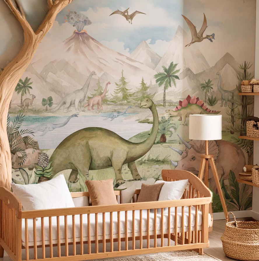 Dinozor Temalı Yanardağ Çocuk Odası Duvar Kağıdı