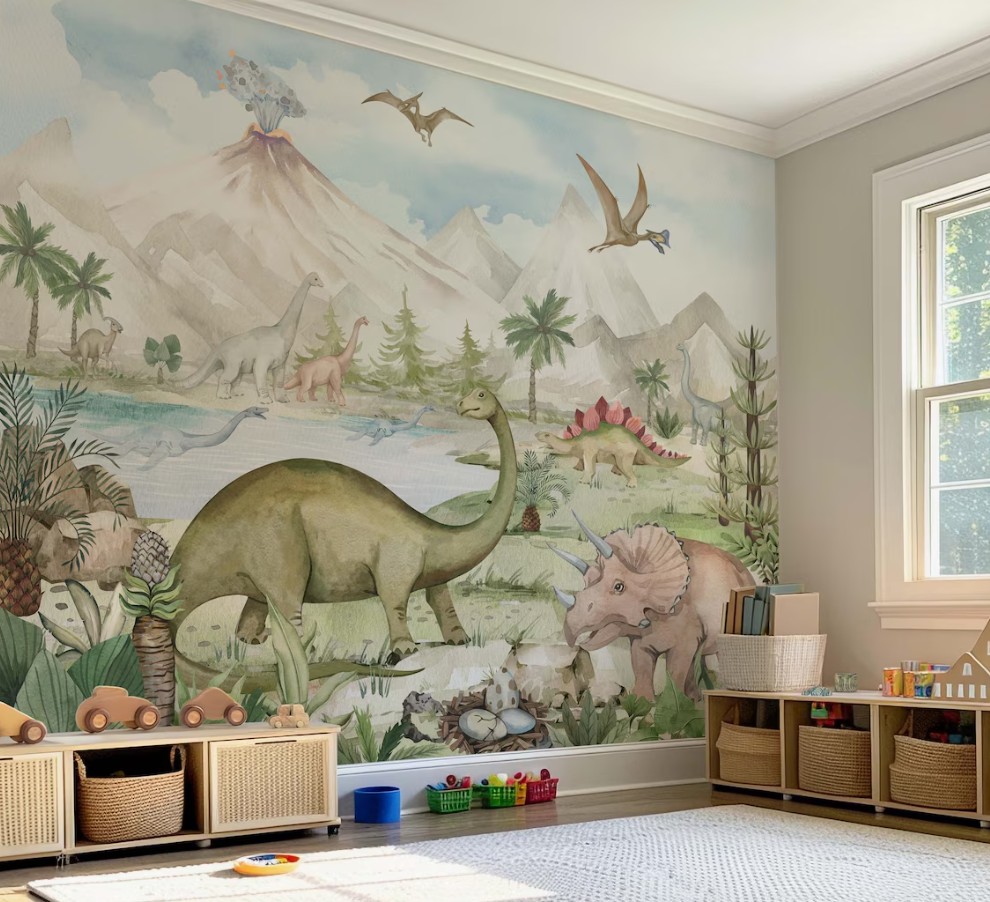 Dinozor Temalı Yanardağ Çocuk Odası Duvar Kağıdı