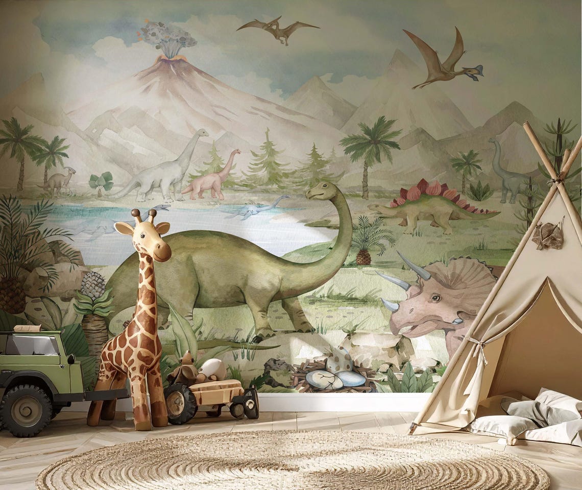 Dinozor Temalı Yanardağ Çocuk Odası Duvar Kağıdı