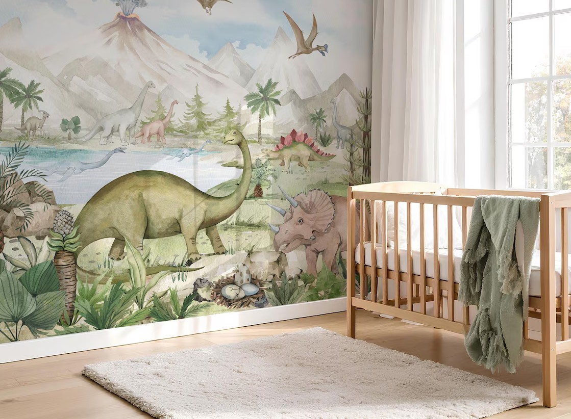 Dinozor Temalı Yanardağ Çocuk Odası Duvar Kağıdı