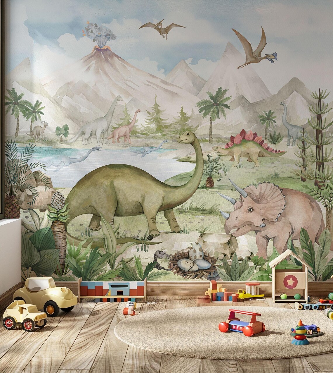 Dinozor Temalı Yanardağ Çocuk Odası Duvar Kağıdı