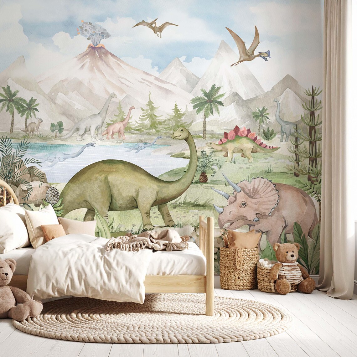 Dinozor Temalı Yanardağ Çocuk Odası Duvar Kağıdı