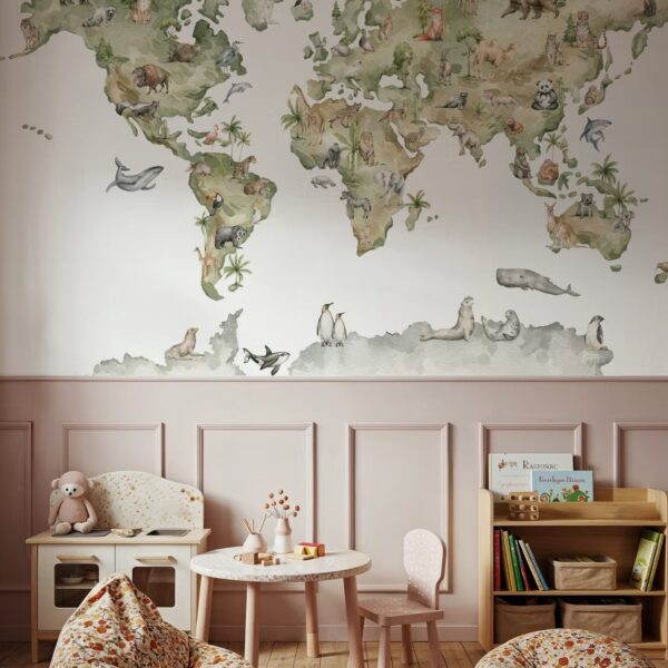 Dünyanın Dört Bir Yanından Hayvanlar Haritası Duvar Kağıdı (3)