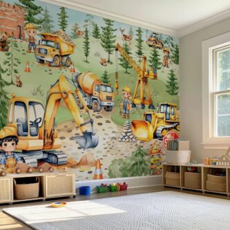 İnşaat Temalı Suluboya Kamyonlar ve Ekskavatör Çocuk Odası Duvar Kağıdı