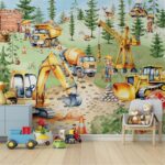 İnşaat Temalı Suluboya Kamyonlar ve Ekskavatör Çocuk Odası Duvar Kağıdı