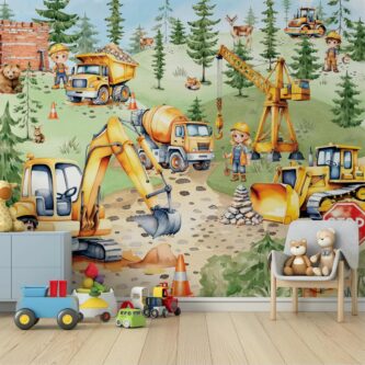 İnşaat Temalı Suluboya Kamyonlar ve Ekskavatör Çocuk Odası Duvar Kağıdı