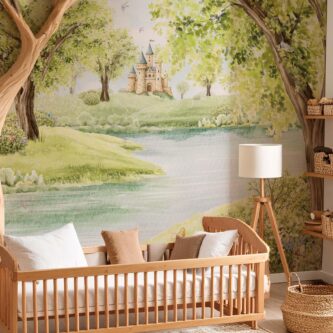 Masal Şatosu Temalı Yeşil Ağaçlar Doğa Bebek Çocuk Odası Duvar Kağıdı