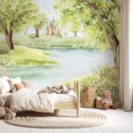 Masal Şatosu Temalı Yeşil Ağaçlar Doğa Bebek Çocuk Odası Duvar Kağıdı