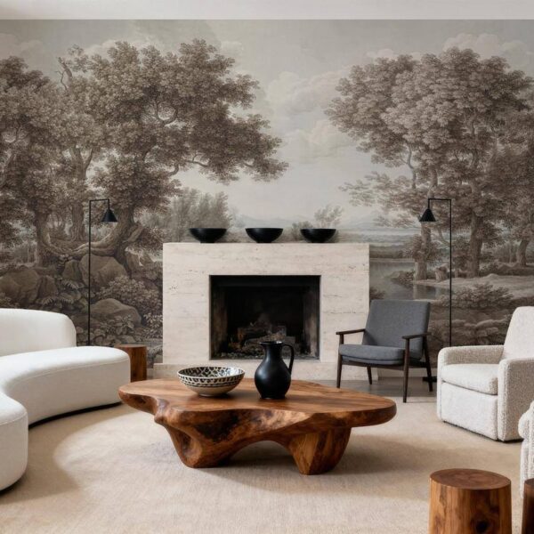 Nehir Kenarı Meşe Manzarası Eski Tarz Duvar Kağıdı