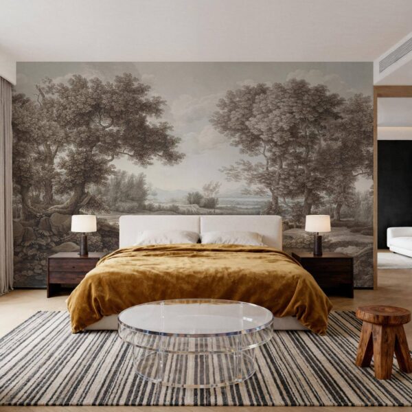 Nehir Kenarı Meşe Manzarası Eski Tarz Duvar Kağıdı