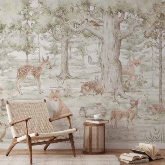 Orman Hayvanları Temalı Suluboya Çocuk Odası Duvar Kağıdı