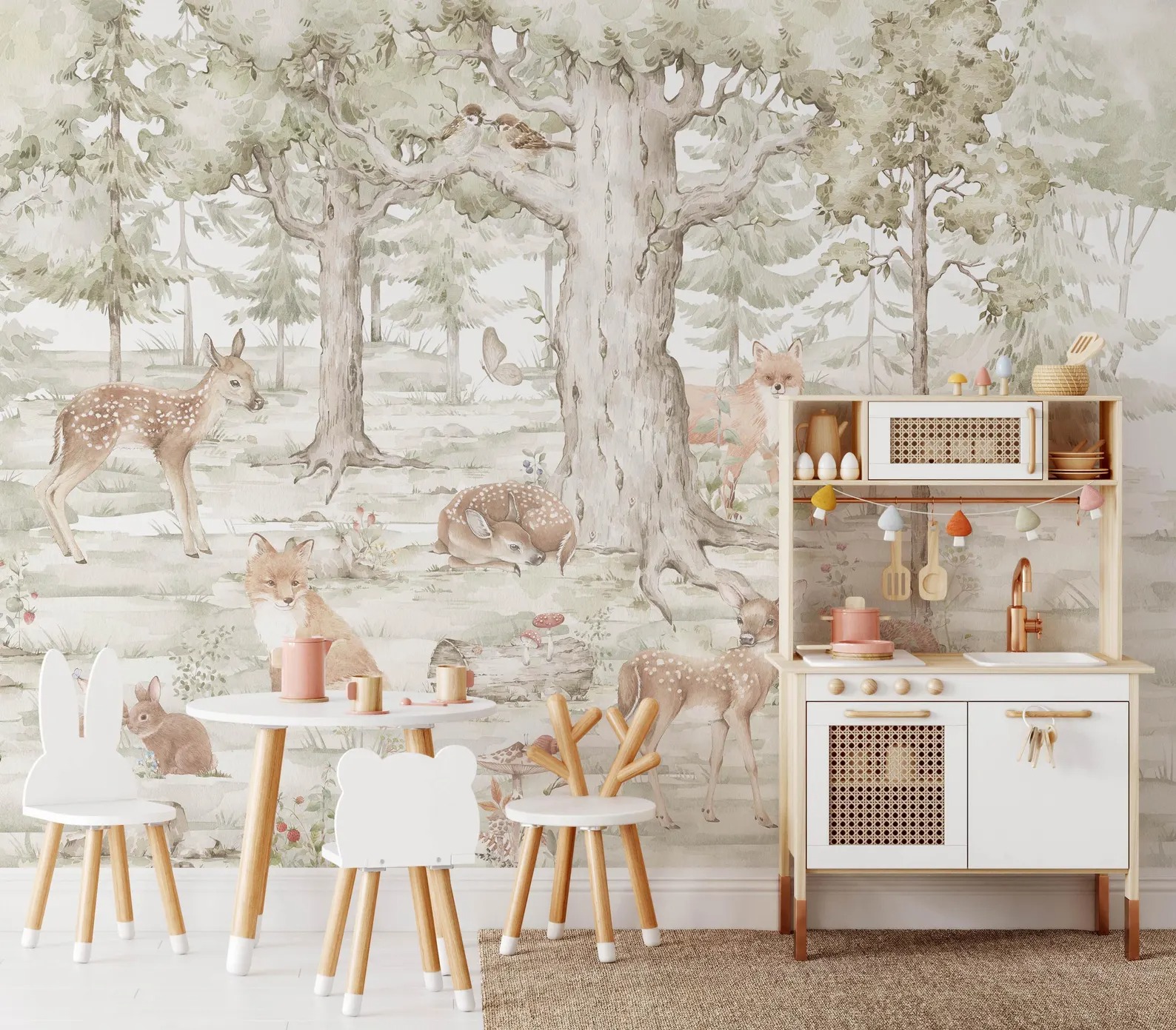 Orman Hayvanları Temalı Suluboya Çocuk Odası Duvar Kağıdı