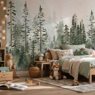 Orman Temalı Suluboya Çam Ağaçları Çocuk Odası Duvar Kağıdı